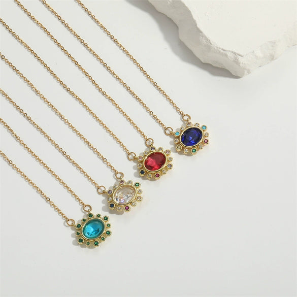 Wholesale Jewelry Retro Geometric Oval Pendant Copper Necklace With Mixed Gemstone Setting And Electroplating