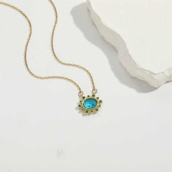 Wholesale Jewelry Retro Geometric Oval Pendant Copper Necklace With Mixed Gemstone Setting And Electroplating
