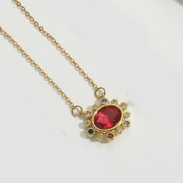 Wholesale Jewelry Retro Geometric Oval Pendant Copper Necklace With Mixed Gemstone Setting And Electroplating