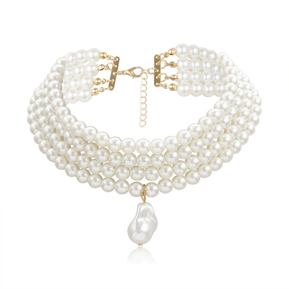 Wholesale Jewelry Retro Geometric Pearl Beaded Multilayer Pendant Necklace For Women