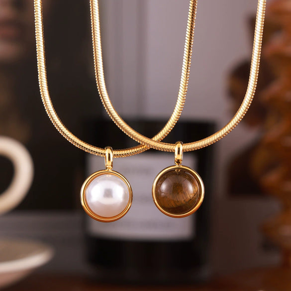 Wholesale Jewelry Retro Geometric Snake Bone Chain 316L Stainless Steel Necklace With Inlay Beads Tiger Eye Stone Pendant And Electroplating Design