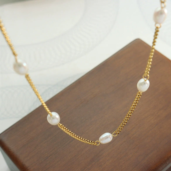 Wholesale Jewelry Retro Geometric Style Freshwater Pearl Titanium Steel Doublesided Grinding Chain Necklace