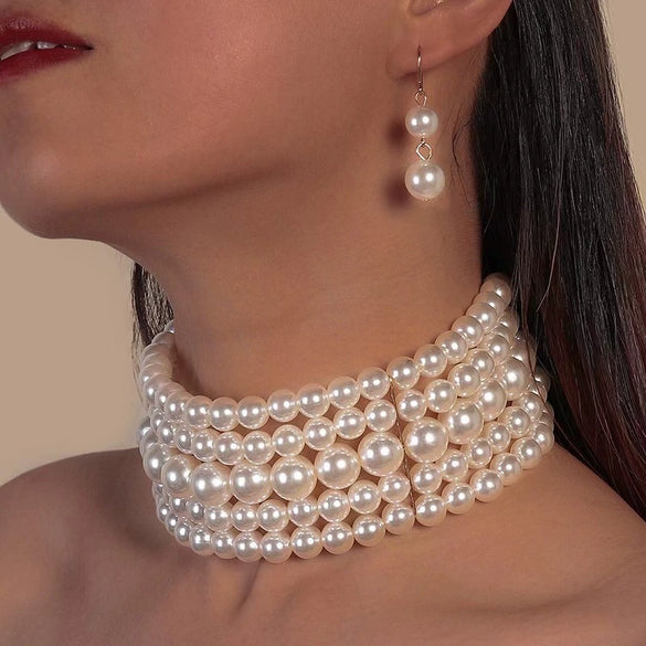 Wholesale Jewelry Retro Geometric Style Pearl Beaded Multilayered Necklace For Women