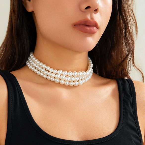 Wholesale Jewelry Retro Geometric Style Pearl Beaded Multilayered Necklace For Women