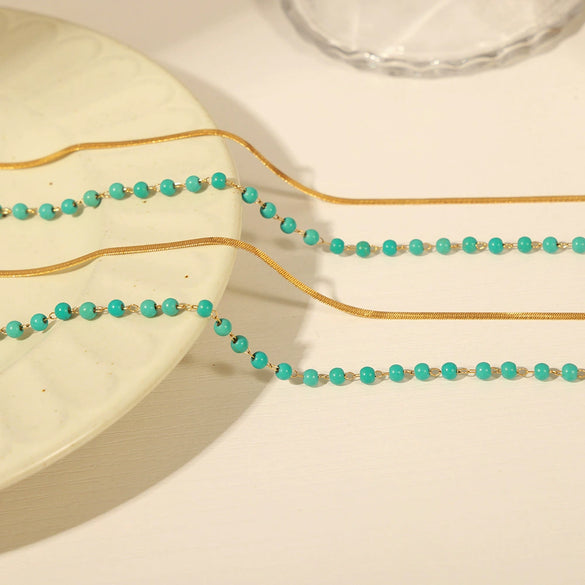 Wholesale Jewelry Retro Geometric Style Titanium Steel Gold Plated Natural Turquoise Handmade Beaded Double Layer Necklace For Women