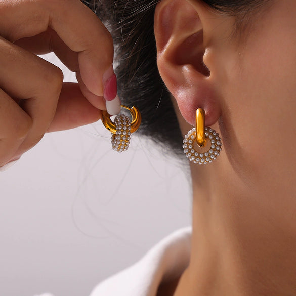 Wholesale Jewelry Retro Geometric 316L Stainless Steel Gold Plated Diamond Round Earrings For Women