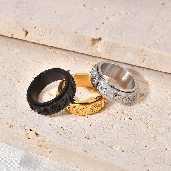 Wholesale Jewelry Retro Geometric Ushaped Titanium Steel Ring With Star Moon Sun Design