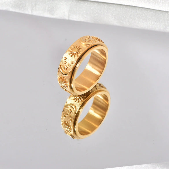 Wholesale Jewelry Retro Geometric Ushaped Titanium Steel Ring With Star Moon Sun Design