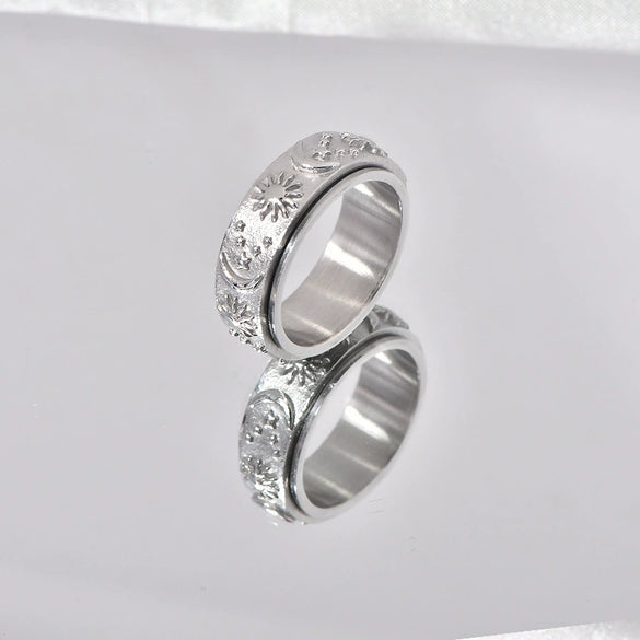 Wholesale Jewelry Retro Geometric Ushaped Titanium Steel Ring With Star Moon Sun Design