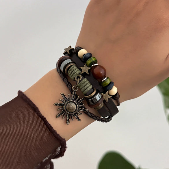 Wholesale Jewelry Retro Handmade Bracelet With Geometric Pattern Pu Wooden Bead Alloy Pendant For Women