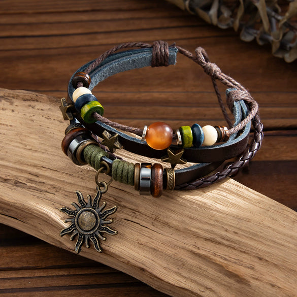Wholesale Jewelry Retro Handmade Bracelet With Geometric Pattern Pu Wooden Bead Alloy Pendant For Women