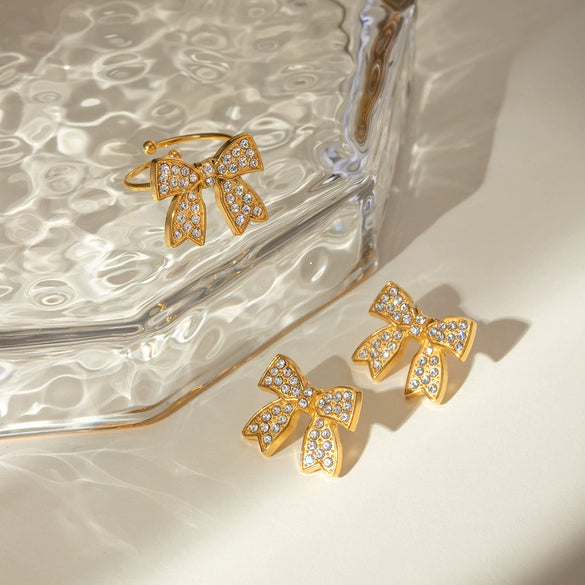 Wholesale Jewelry Retro Highend Stainless Steel Bow Rhinestone Earrings For Women With Electroplating