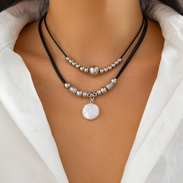 Wholesale Jewelry Retro Leather Wax Thread Alloy U Shape Electroplating Pendant Clavicle Chain Multilayer Necklace