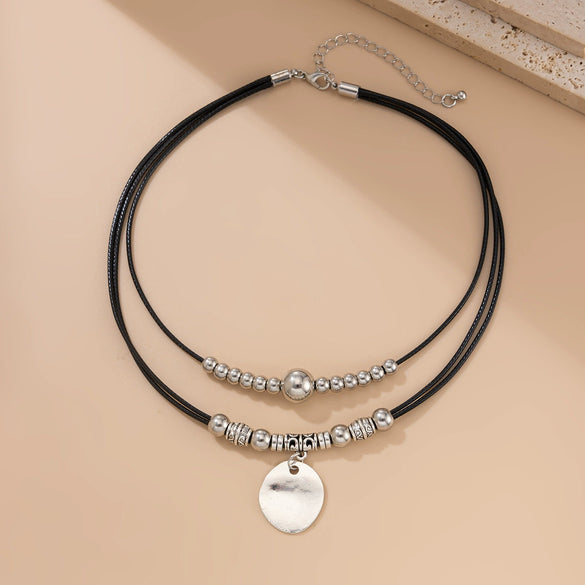 Wholesale Jewelry Retro Leather Wax Thread Alloy U Shape Electroplating Pendant Clavicle Chain Multilayer Necklace