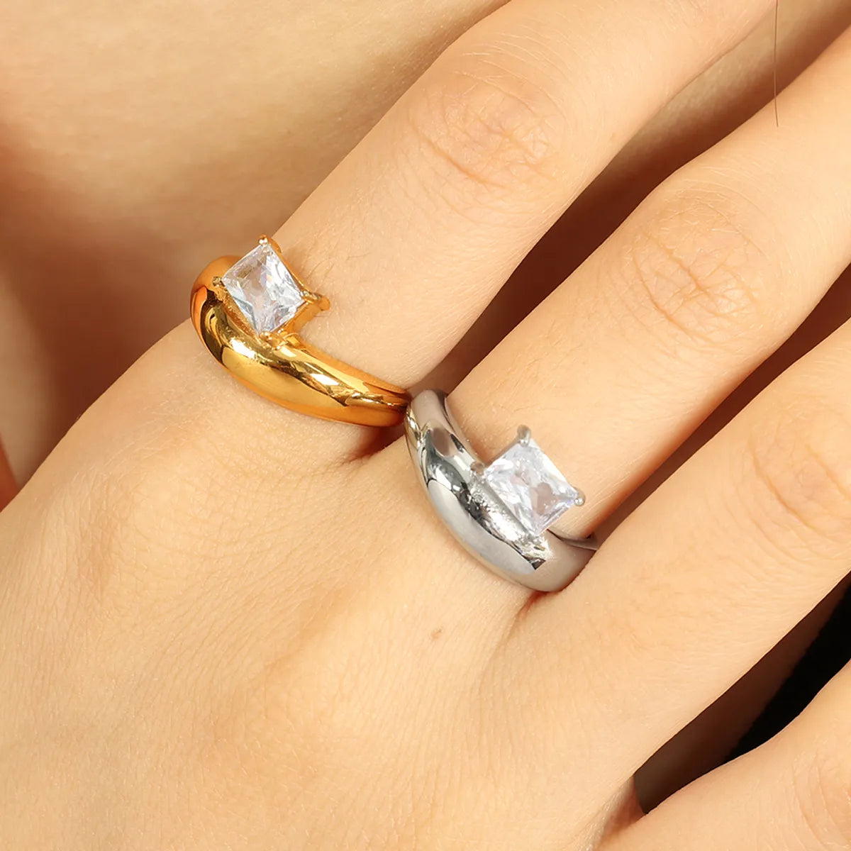 Wholesale Jewelry Retro Luxurious French Style Geometric 304 Stainless Steel Zircon 18K Gold Plated Polishing Inlay Rings