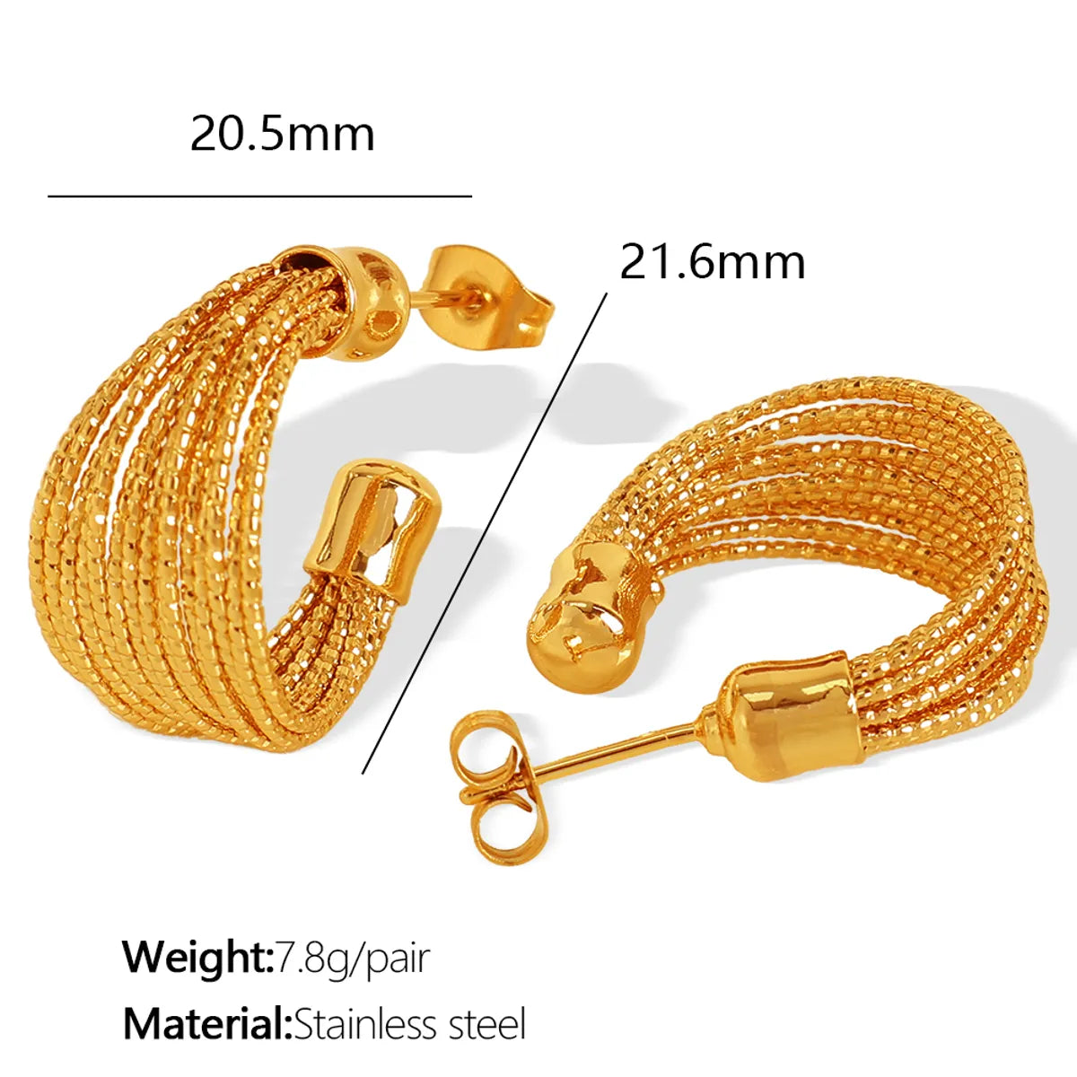 Wholesale Jewelry Retro Luxurious IG Style C Shape Solid Color 304 Stainless Steel 18K Gold Plated Polishing Rings Earrings