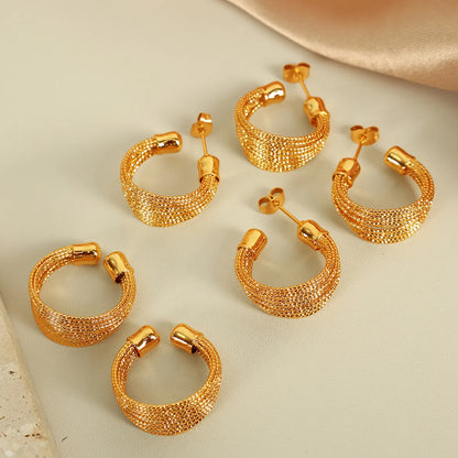 Wholesale Jewelry Retro Luxurious IG Style C Shape Solid Color 304 Stainless Steel 18K Gold Plated Polishing Rings Earrings