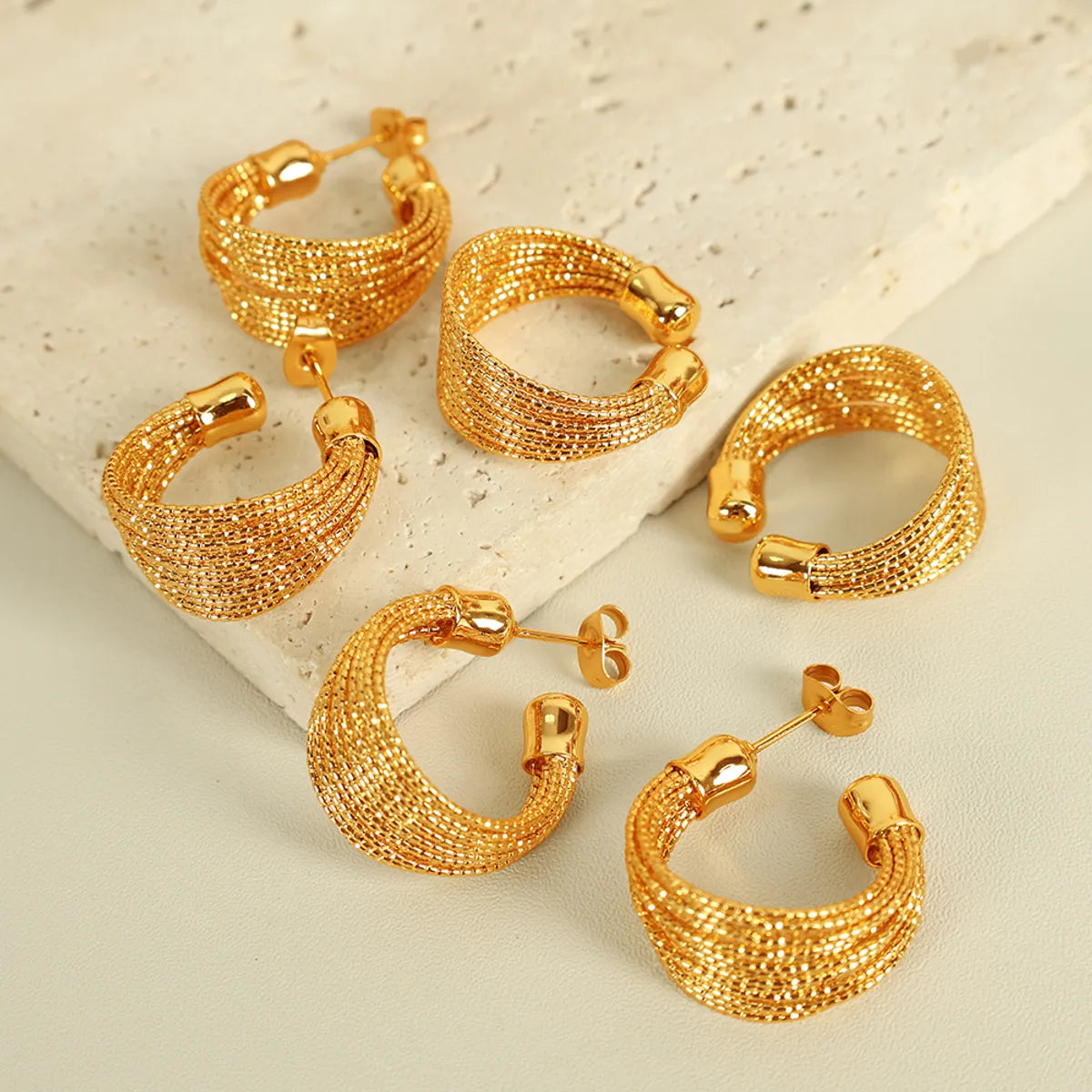 Wholesale Jewelry Retro Luxurious IG Style C Shape Solid Color 304 Stainless Steel 18K Gold Plated Polishing Rings Earrings