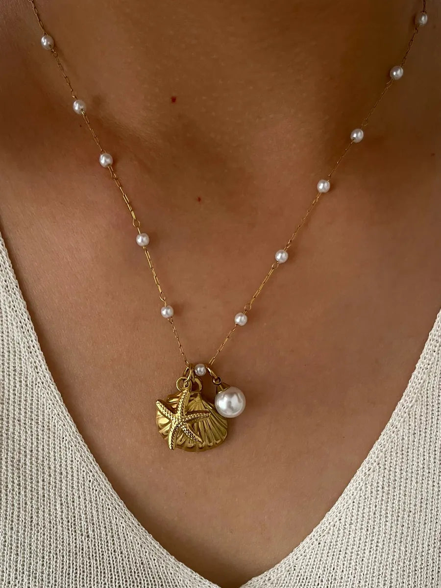 Wholesale Jewelry Retro Marine Style Beach Starfish Shell 316L Stainless Steel  18K Gold Plated Pendant Necklace