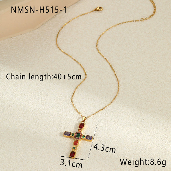 Wholesale Jewelry Retro Medieval Cross Stainless Steel 18K Inlaid Colorful Zircon Electroplated Clavicle Chain For Women
