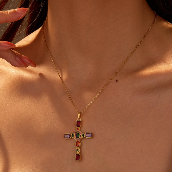 Wholesale Jewelry Retro Medieval Cross Stainless Steel 18K Inlaid Colorful Zircon Electroplated Clavicle Chain For Women