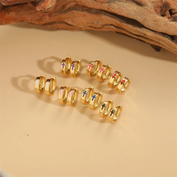 Wholesale Jewelry Retro Minimalist Geometric Copper Electroplated Cross Design Women's Earrings