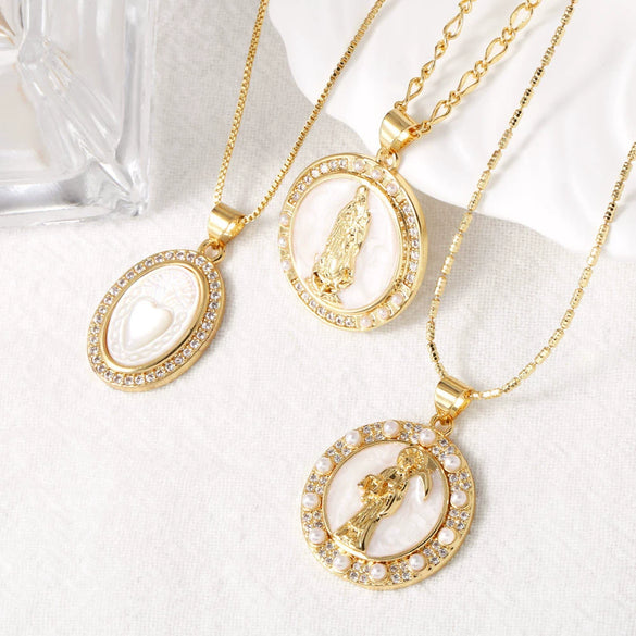 Wholesale Jewelry Retro Mother Of Pearl Love Pendant Necklace Copper Gold Plated Geometric Style Box Chain Women's