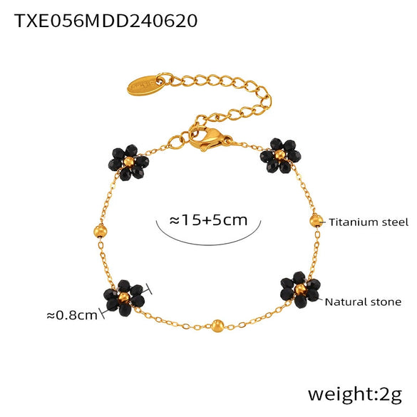 Wholesale Jewelry Retro Niche Style Flower Shape Natural Stone Beaded 316L Stainless Steel Chain Electroplated