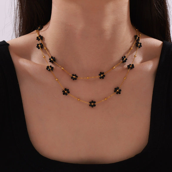 Wholesale Jewelry Retro Niche Style Flower Shape Natural Stone Beaded 316L Stainless Steel Chain Electroplated