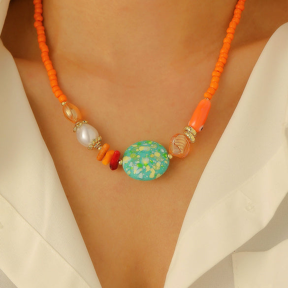 Wholesale Jewelry Retro Ocean Holiday Imitation Pearl Starfish Shell Necklace For Women With Star Pattern And Set With Diamonds In Mixed Materials And Alloy Pendant