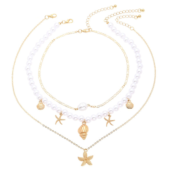 Wholesale Jewelry Retro Ocean Holiday Imitation Pearl Starfish Shell Necklace For Women With Star Pattern And Set With Diamonds In Mixed Materials And Alloy Pendant