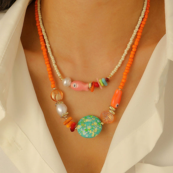 Wholesale Jewelry Retro Ocean Holiday Imitation Pearl Starfish Shell Necklace For Women With Star Pattern And Set With Diamonds In Mixed Materials And Alloy Pendant