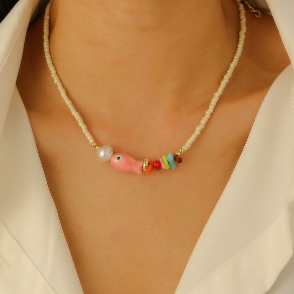 Wholesale Jewelry Retro Ocean Holiday Imitation Pearl Starfish Shell Necklace For Women With Star Pattern And Set With Diamonds In Mixed Materials And Alloy Pendant