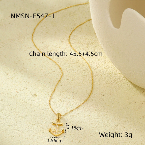 Wholesale Jewelry Retro Ocean Style Pirate Ship Stainless Steel Anchor Necklace Inlaid With Zircon Electroplated