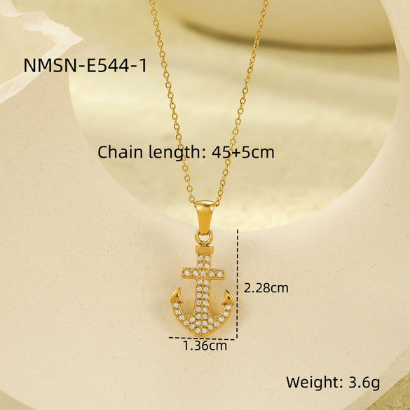 Wholesale Jewelry Retro Ocean Style Pirate Ship Stainless Steel Anchor Necklace Inlaid With Zircon Electroplated
