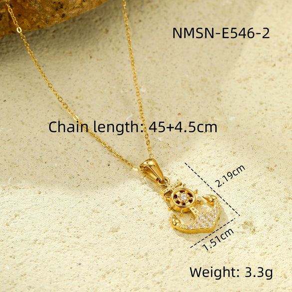 Wholesale Jewelry Retro Ocean Style Pirate Ship Stainless Steel Anchor Necklace Inlaid With Zircon Electroplated