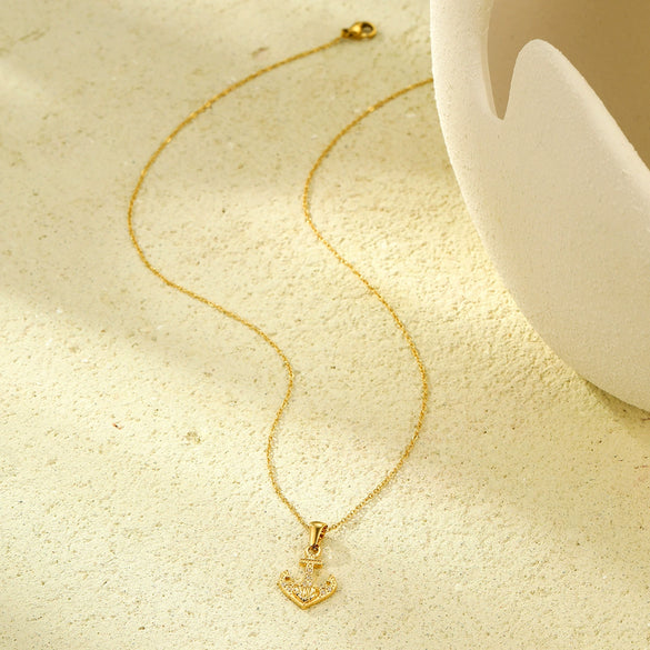 Wholesale Jewelry Retro Ocean Style Pirate Ship Stainless Steel Anchor Necklace Inlaid With Zircon Electroplated