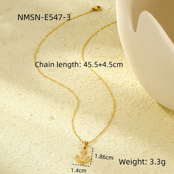Wholesale Jewelry Retro Ocean Style Pirate Ship Stainless Steel Anchor Necklace Inlaid With Zircon Electroplated