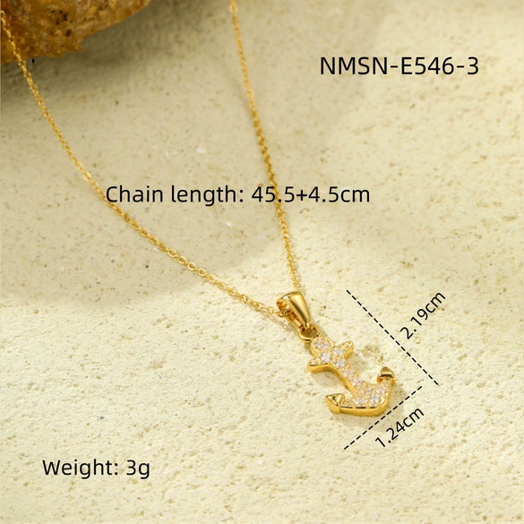 Wholesale Jewelry Retro Ocean Style Pirate Ship Stainless Steel Anchor Necklace Inlaid With Zircon Electroplated