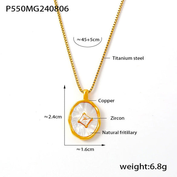 Wholesale Jewelry Retro Oval Geometric Zircon Copper Pendant 316L Stainless Steel Clavicle Chain 18K Gold Plated