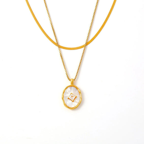 Wholesale Jewelry Retro Oval Geometric Zircon Copper Pendant 316L Stainless Steel Clavicle Chain 18K Gold Plated
