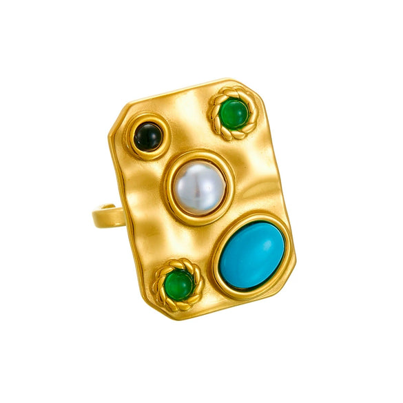 Wholesale Jewelry Retro Palace Style Inlaid Blue Turquoise Gemstone Square Geometric Goldplated Stainless Steel Live Mouth Bracelet Ring