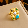 Wholesale Jewelry Retro Palace Style Inlaid Blue Turquoise Gemstone Square Geometric Goldplated Stainless Steel Live Mouth Bracelet Ring