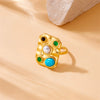 Wholesale Jewelry Retro Palace Style Inlaid Blue Turquoise Gemstone Square Geometric Goldplated Stainless Steel Live Mouth Bracelet Ring