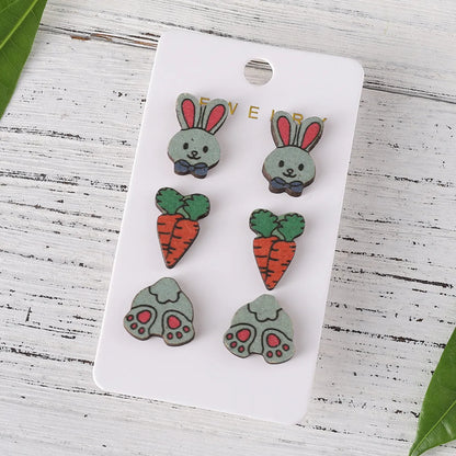 Wholesale Jewelry Retro Rabbit Carrot Wood Printing Ear Studs