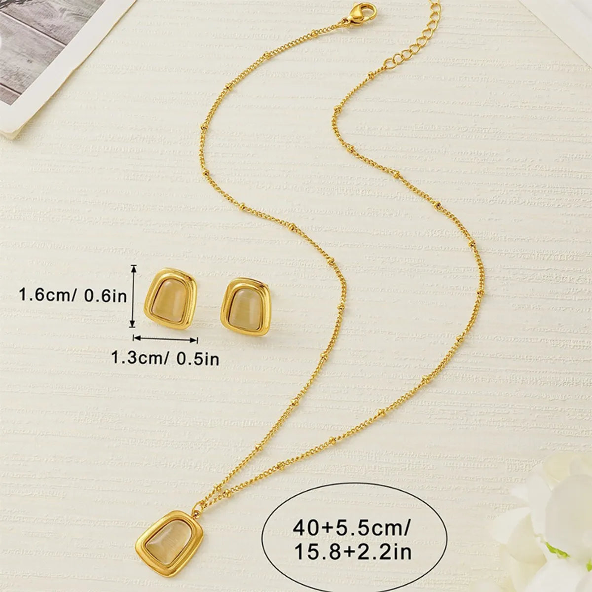 Wholesale Jewelry Retro Rectangle 304 Stainless Steel Imitation Opal Gold Plated Plating Inlay Jewelry Set