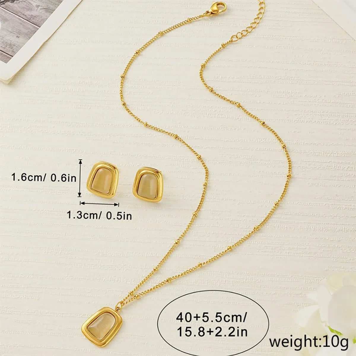 Wholesale Jewelry Retro Rectangle 304 Stainless Steel Imitation Opal Gold Plated Plating Inlay Jewelry Set