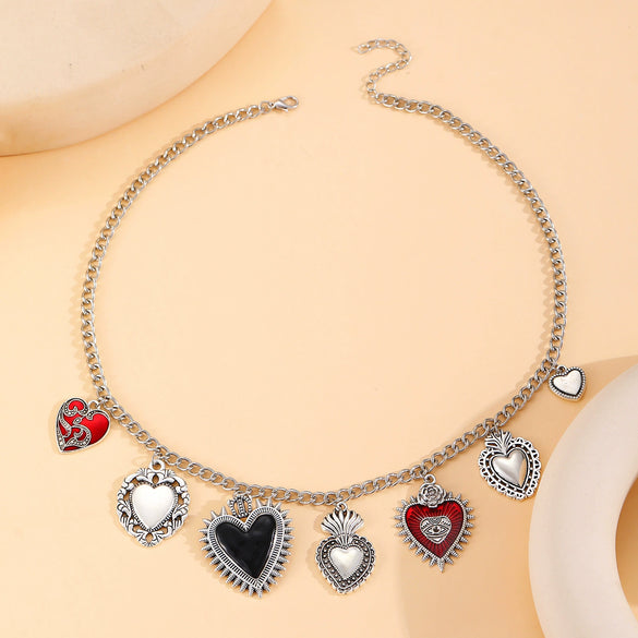 Wholesale Jewelry Retro Religious Alloy Heart Shape And Geometric Pendant Necklace With Silver O Word Chain Electroplated