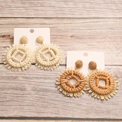 Wholesale Jewelry Retro Round Square Raffia Handmade Drop Earrings