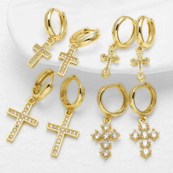 Wholesale Jewelry Retro Simple Geometric Copper Goldplated Cross Pendant Earrings